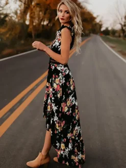 Black Floral Boho Maxi Dress for Women - High Low Hem Open Back Crochet Waist Long Dress - Summer Date Night Outfits 2026