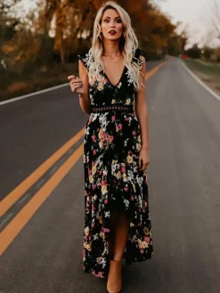 Black Floral Boho Maxi Dress for Women - High Low Hem Open Back Crochet Waist Long Dress - Summer Date Night Outfits 2026