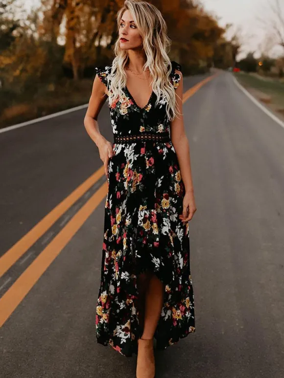 Black Floral Boho Maxi Dress for Women - High Low Hem Open Back Crochet Waist Long Dress - Summer Date Night Outfits 2026