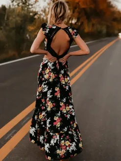 Black Floral Boho Maxi Dress for Women - High Low Hem Open Back Crochet Waist Long Dress - Summer Date Night Outfits 2026