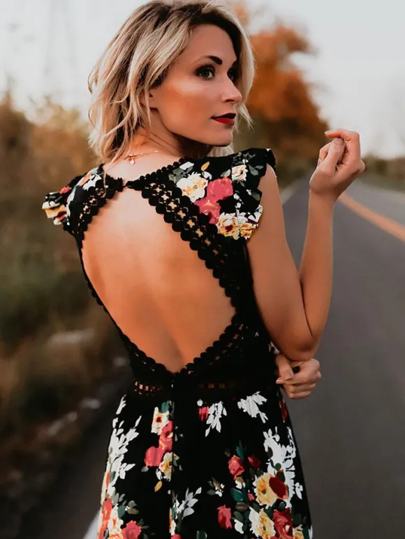Black Floral Boho Maxi Dress for Women - High Low Hem Open Back Crochet Waist Long Dress - Summer Date Night Outfits 2026