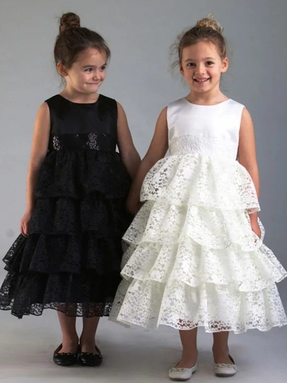 Black Flower Girl Dress Lace Sash Jewel Neck Sleeveless Kids Birthday Party Dresses