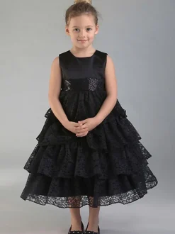 Black Flower Girl Dress Lace Sash Jewel Neck Sleeveless Kids Birthday Party Dresses