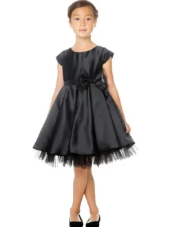 Black Flower Girl Dress Sash Jewel Neck Short Sleeves Kids Birthday Party Dresses