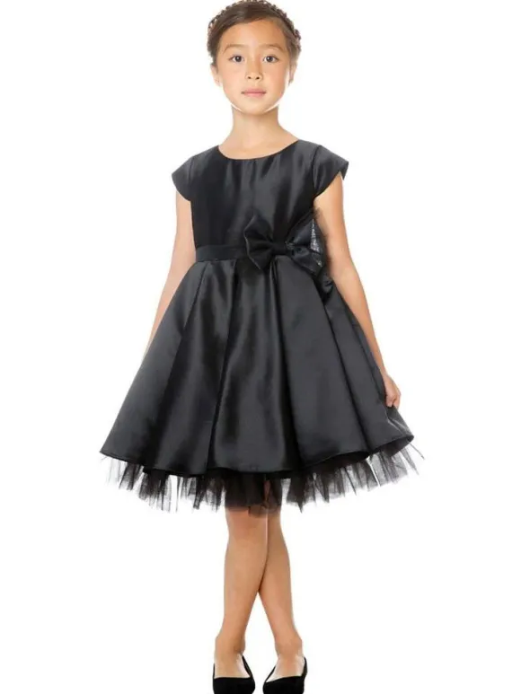 Black Flower Girl Dress Sash Jewel Neck Short Sleeves Kids Birthday Party Dresses