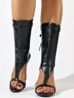 Black Gladiator Sandals Open Toe T Type Lace Up Sandal Shoes For Women