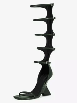Black Gladiator Sandals Open Toe Buckle Detail Strappy Designed Wedge Heel Sandal Shoes