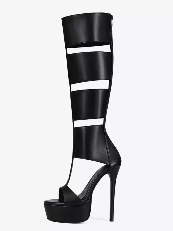 Black Gladiator Sandals Platform Open Toe Cut Out High Heel Sandals