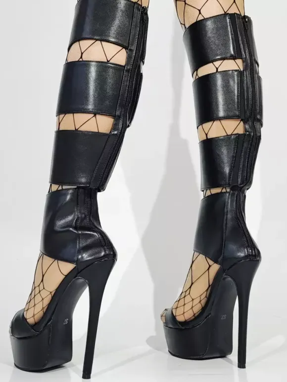 Black Gladiator Sandals Platform Open Toe Cut Out High Heel Sandals