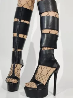 Black Gladiator Sandals Platform Open Toe Cut Out High Heel Sandals