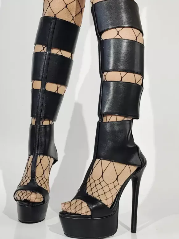 Black Gladiator Sandals Platform Open Toe Cut Out High Heel Sandals