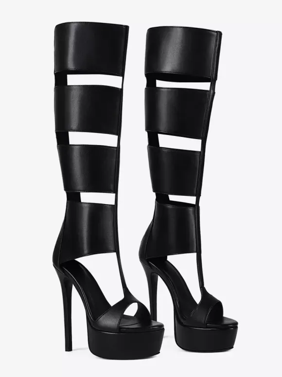 Black Gladiator Sandals Platform Open Toe Cut Out High Heel Sandals