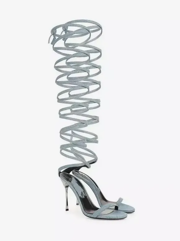 Black Gladiator Sandals Women's Open Toe Rhinestones Heel Lace Up Party Shoes