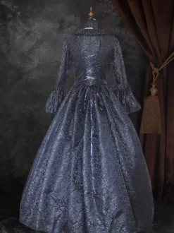 Black Gold Retro Tudor Dress Costumes Women's Floral Print Marie Antoinette Costume Lace Up Satin Fabric Set Dress Choker Gothic 18th Century Costume