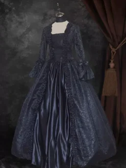 Black Gold Retro Tudor Dress Costumes Women's Floral Print Marie Antoinette Costume Lace Up Satin Fabric Set Dress Choker Gothic 18th Century Costume