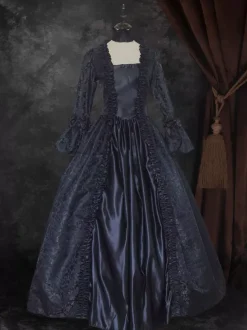Black Gold Retro Tudor Dress Costumes Women's Floral Print Marie Antoinette Costume Lace Up Satin Fabric Set Dress Choker Gothic 18th Century Costume