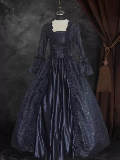Black Gold Retro Tudor Dress Costumes Women's Floral Print Marie Antoinette Costume Lace Up Satin Fabric Set Dress Choker Gothic 18th Century Costume