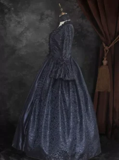 Black Gold Retro Tudor Dress Costumes Women's Floral Print Marie Antoinette Costume Lace Up Satin Fabric Set Dress Choker Gothic 18th Century Costume