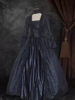 Black Gold Retro Tudor Dress Costumes Women's Floral Print Marie Antoinette Costume Lace Up Satin Fabric Set Dress Choker Gothic 18th Century Costume