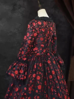 Black Gold Retro Tudor Dress Costumes Women's Marie Antoinette Costume Floral Print Lace Up Satin Fabric Set Choker Gothic 18th Century Costume