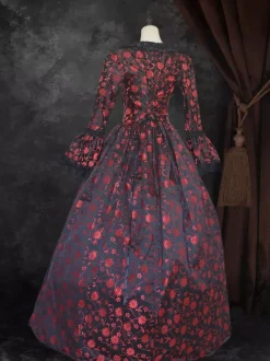 Black Gold Retro Tudor Dress Costumes Women's Marie Antoinette Costume Floral Print Lace Up Satin Fabric Set Choker Gothic 18th Century Costume