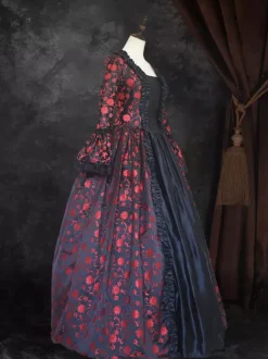 Black Gold Retro Tudor Dress Costumes Women's Marie Antoinette Costume Floral Print Lace Up Satin Fabric Set Choker Gothic 18th Century Costume