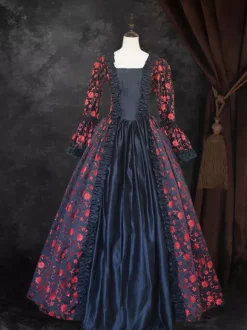 Black Gold Retro Tudor Dress Costumes Women's Marie Antoinette Costume Floral Print Lace Up Satin Fabric Set Choker Gothic 18th Century Costume