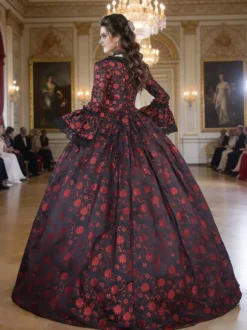 Black Gold Retro Tudor Dress Costumes Women's Marie Antoinette Costume Floral Print Lace Up Satin Fabric Set Choker Gothic 18th Century Costume