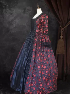 Black Gold Retro Tudor Dress Costumes Women's Marie Antoinette Costume Floral Print Lace Up Satin Fabric Set Choker Gothic 18th Century Costume