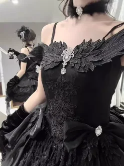 Black Gothic Lolita Dresses Bows Angle Spaghetti Off Shoulder Short Lolita Dress