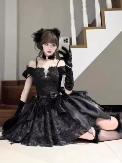 Black Gothic Lolita Dresses Bows Angle Spaghetti Off Shoulder Short Lolita Dress