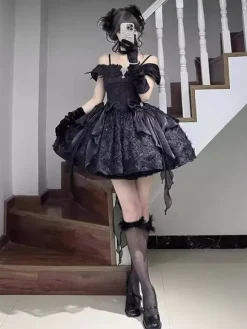 Black Gothic Lolita Dresses Bows Angle Spaghetti Off Shoulder Short Lolita Dress