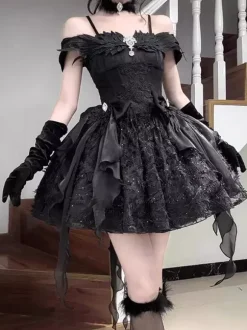 Black Gothic Lolita Dresses Bows Angle Spaghetti Off Shoulder Short Lolita Dress