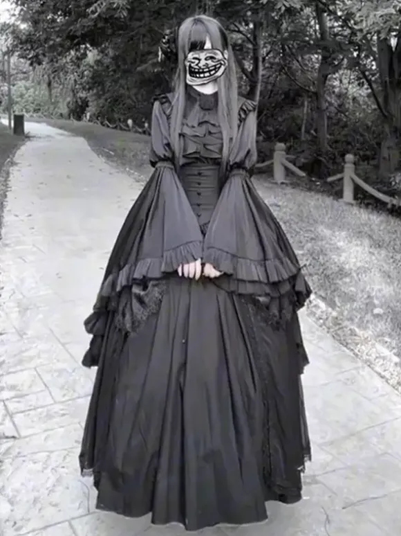 Black Gothic Lolita Dresses Fashion Long Sleeves Vintage Chic Long Lolita Dress