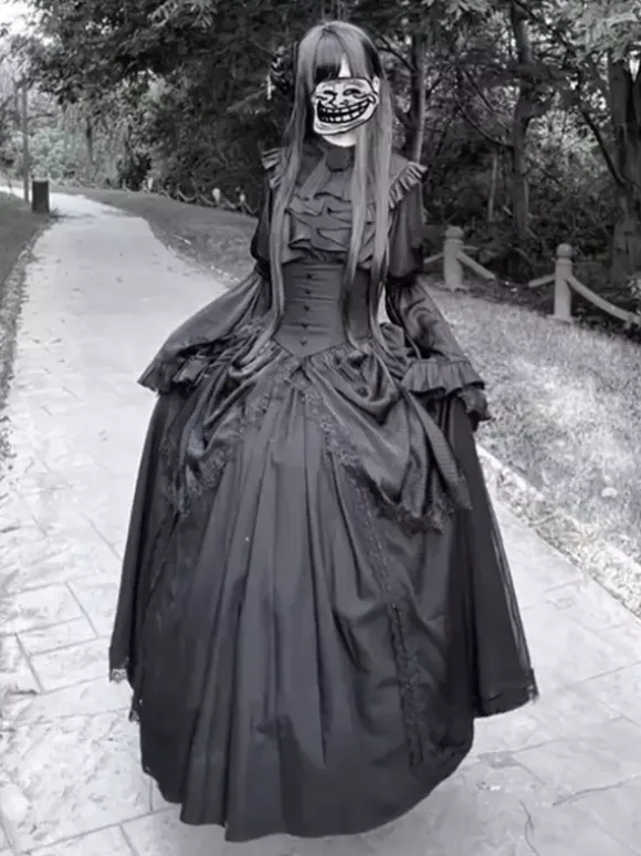 Black Gothic Lolita Dresses Fashion Long Sleeves Vintage Chic Long Lolita Dress