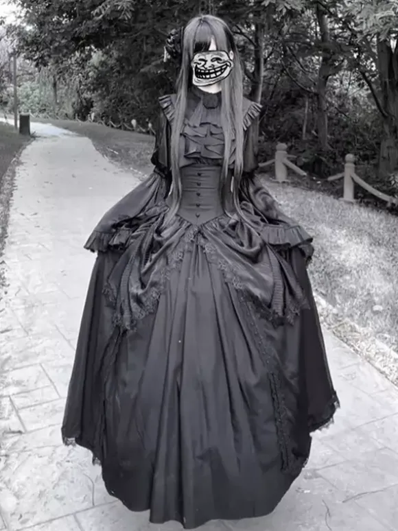 Black Gothic Lolita Dresses Fashion Long Sleeves Vintage Chic Long Lolita Dress