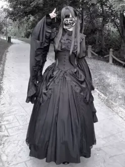 Black Gothic Lolita Dresses Fashion Long Sleeves Vintage Chic Long Lolita Dress