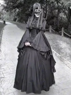 Black Gothic Lolita Dresses Fashion Long Sleeves Vintage Chic Long Lolita Dress