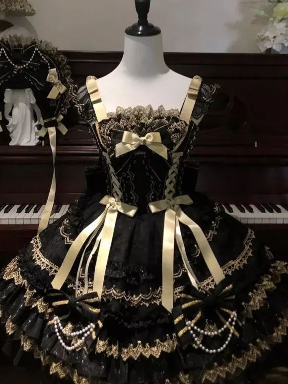 Black Gothic Lolita Dresses Ruffles JSK Lace Up Lolita Short Dress With Headwear