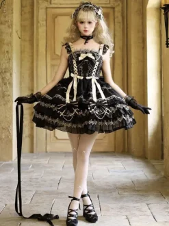Black Gothic Lolita Dresses Ruffles JSK Lace Up Lolita Short Dress With Headwear