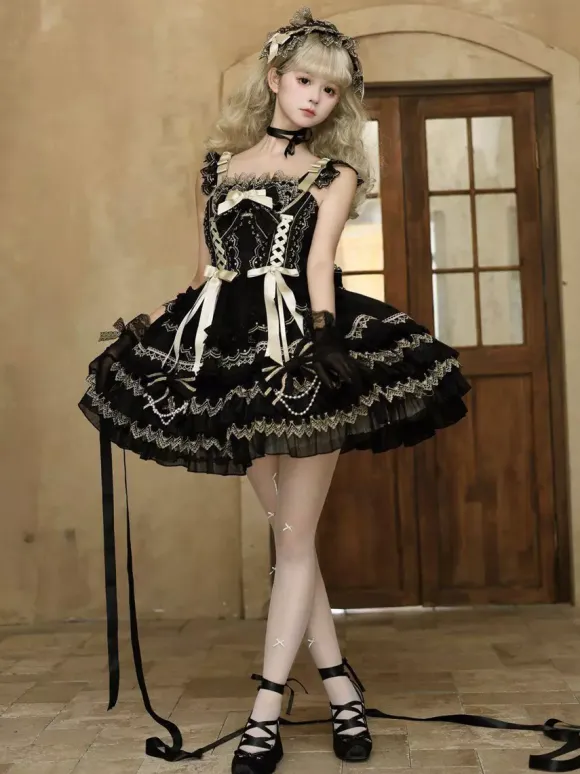 Black Gothic Lolita Dresses Ruffles JSK Lace Up Lolita Short Dress With Headwear