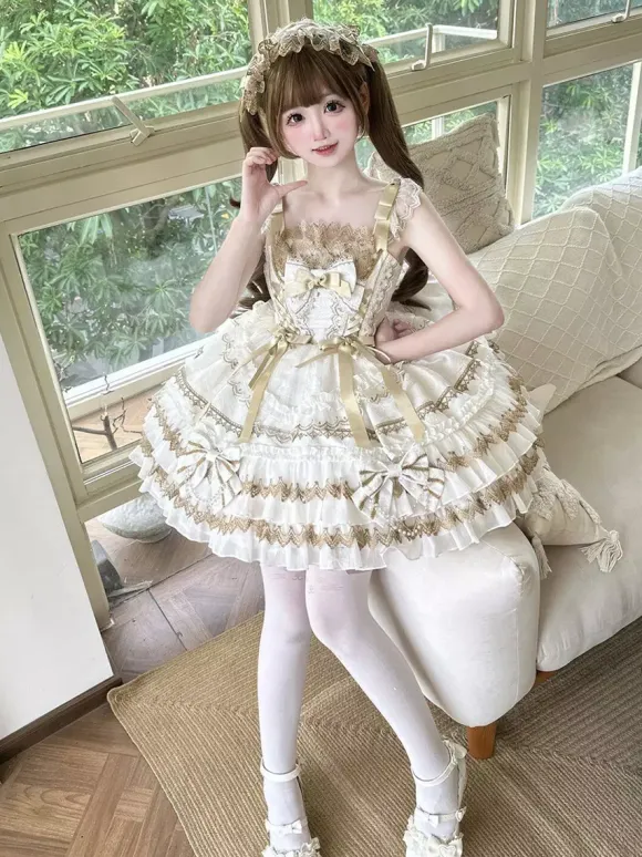 Black Gothic Lolita Dresses Ruffles JSK Lace Up Lolita Short Dress With Headwear