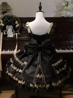 Black Gothic Lolita Dresses Ruffles JSK Lace Up Lolita Short Dress With Headwear