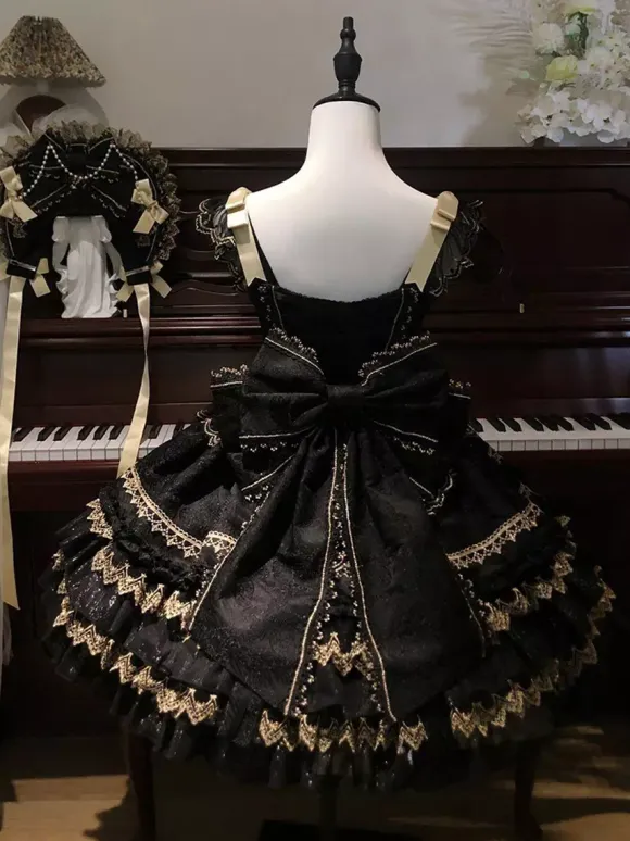 Black Gothic Lolita Dresses Ruffles JSK Lace Up Lolita Short Dress With Headwear