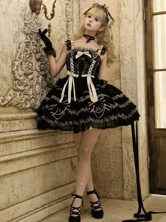 Black Gothic Lolita Dresses Ruffles JSK Lace Up Lolita Short Dress With Headwear