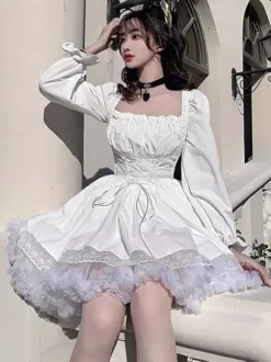 Black Gothic Lolita Dress Long Sleeves Short Lolita Dress One Piece