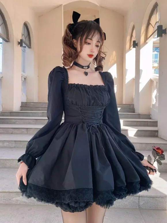 Black Gothic Lolita Dress Long Sleeves Short Lolita Dress One Piece