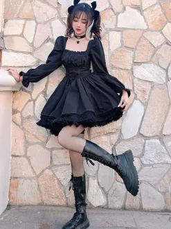 Black Gothic Lolita Dress Long Sleeves Short Lolita Dress One Piece