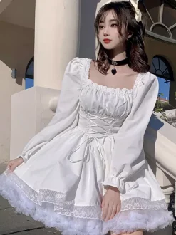 Black Gothic Lolita Dress Long Sleeves Short Lolita Dress One Piece
