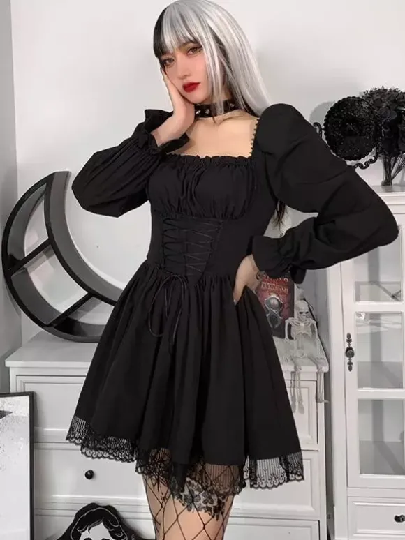 Black Gothic Lolita Dress Long Sleeves Short Lolita Dress One Piece